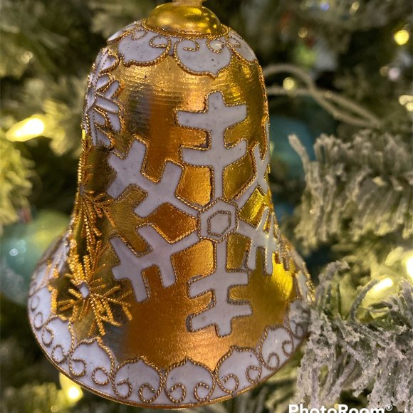 CHRISTMAS ORNAMENT Beautiful Precious Cloisonne Bell Gold-Plated 3 1/2" - Picture 1 of 6